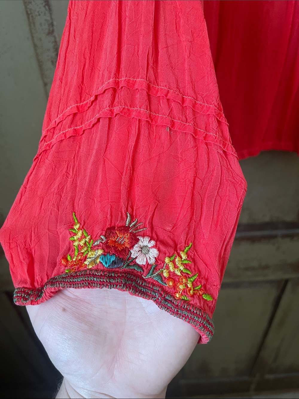 Johnny Was Coral Red Floral Embroidered Long-Sleeve Peasant Blouse - Picture 7 of 16